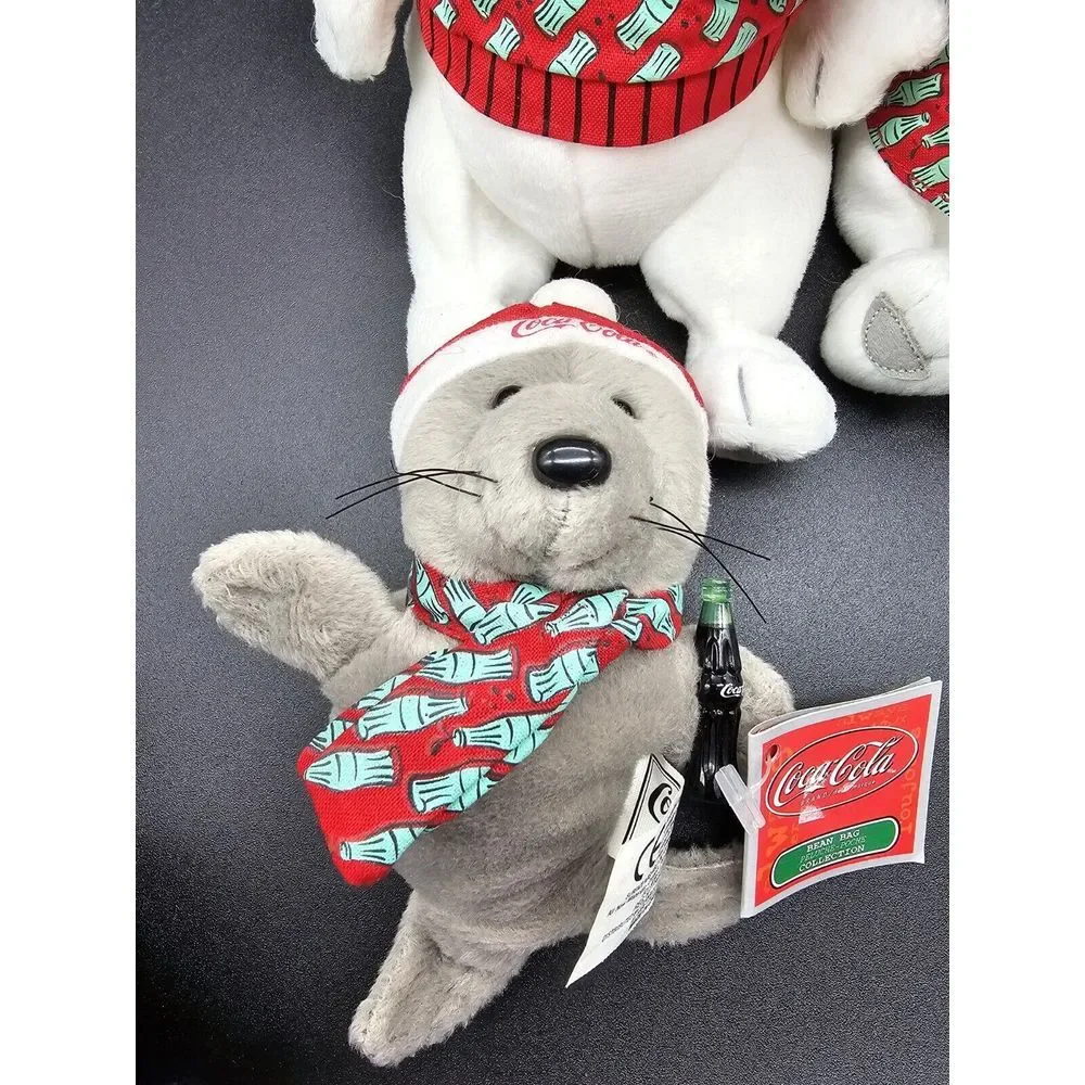 Lot Of 5 Vintage Coca Cola Beanie Plush Polar‎ Bear Seal Penguin Drinking Coke